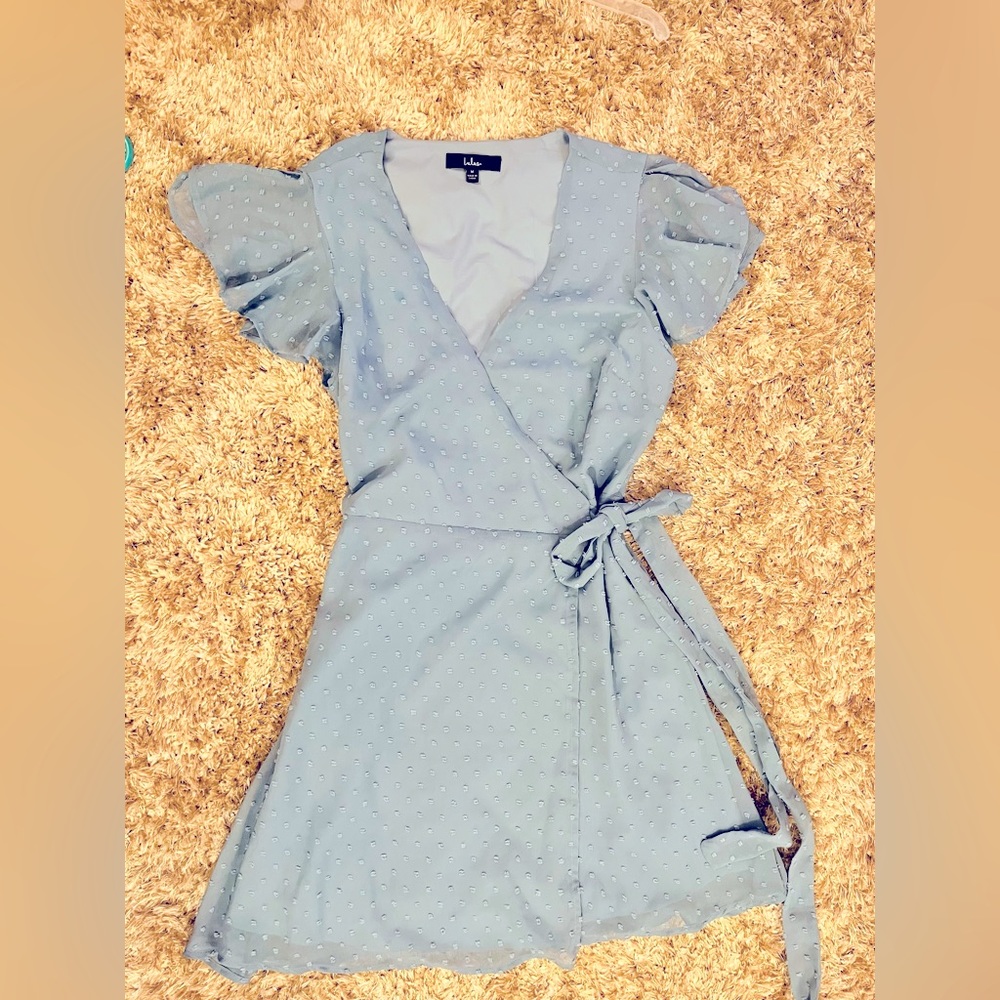 Lulus light blue wrap dress. Perfect for date night.